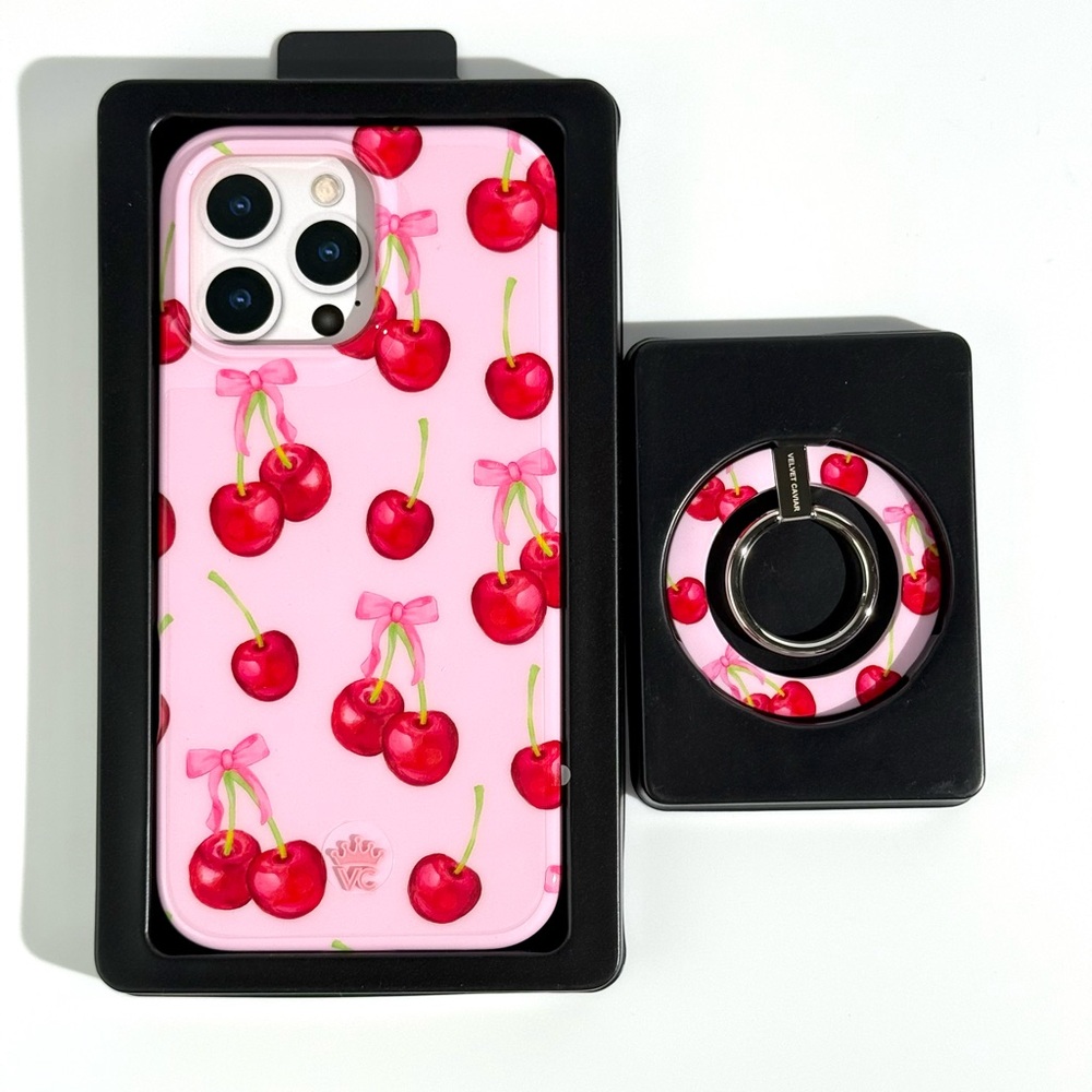 Velvet Caviar Pink Cherry Print iPhone Case with Matching Ring Holder
